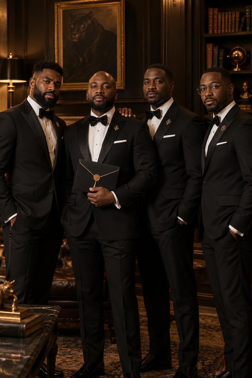 Four Black fraternity brothers in formal tuxedos gathered in a private club